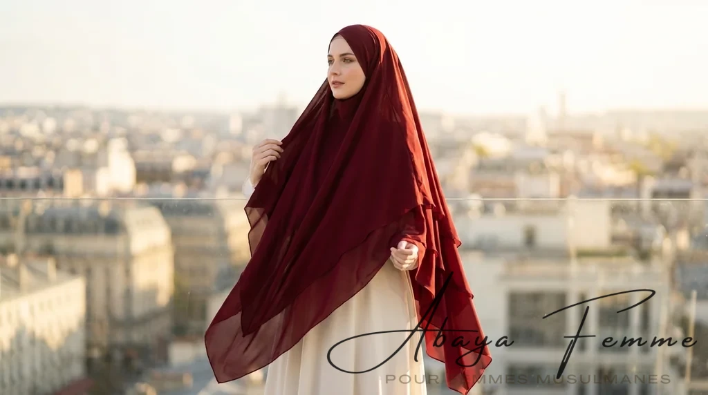 Khimar 3 Voiles Bordeaux 1 Khimar 3 Voiles Bordeaux - Lifestyle Photo - Model Style: Hijabi