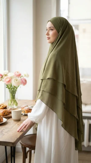 Khimar 3 Voiles Kaki - Lifestyle Photo - Model Style: Hijabi