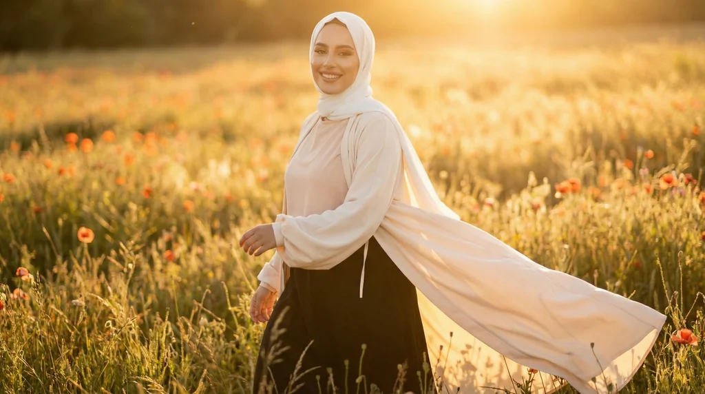 kimono abaya en soie de Médine Beige 1 kimono abaya en soie de Médine Beige - Garden Photo - Model Style: Hijabi