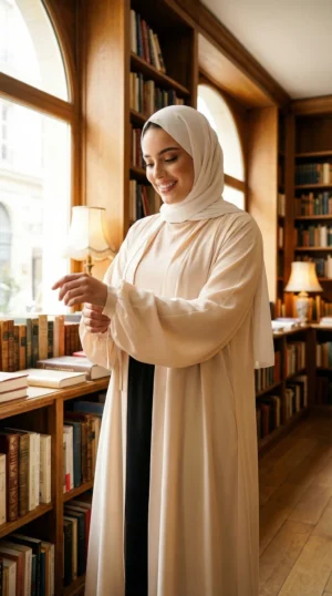 kimono abaya en soie de Médine Beige - Lifestyle Photo - Model Style: Hijabi