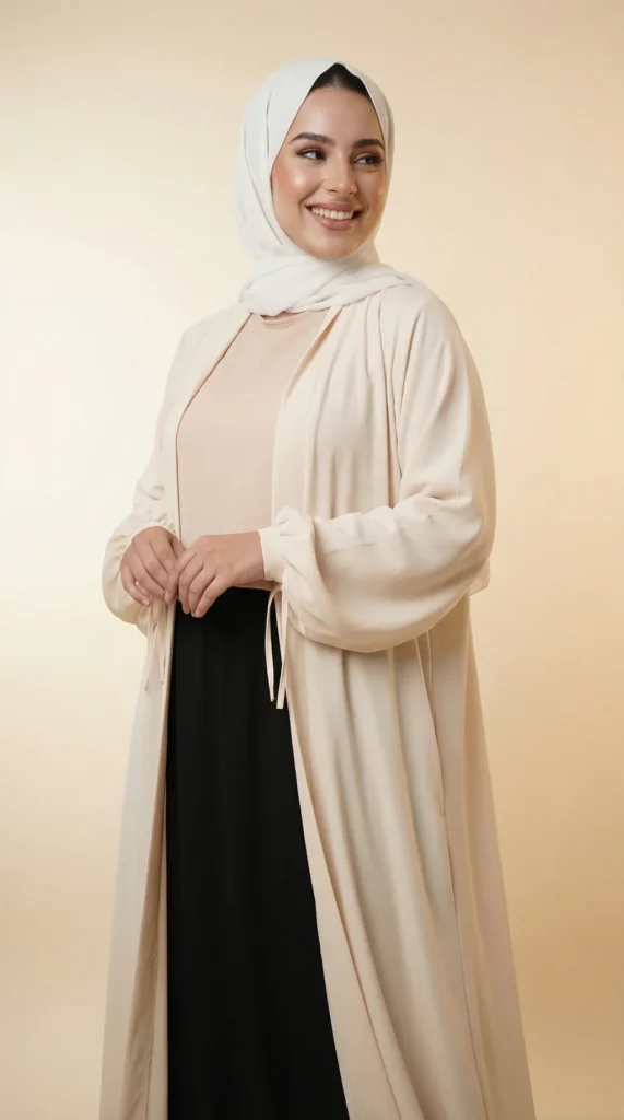 Beige Medina silk kimono abaya - Minimal Photo - Model Style: Hijabi