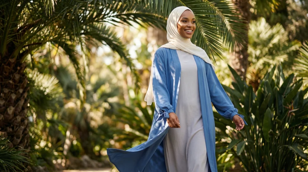 kimono abaya en soie de Médine Bleu Denim - Garden Photo - Model Style: Hijabi