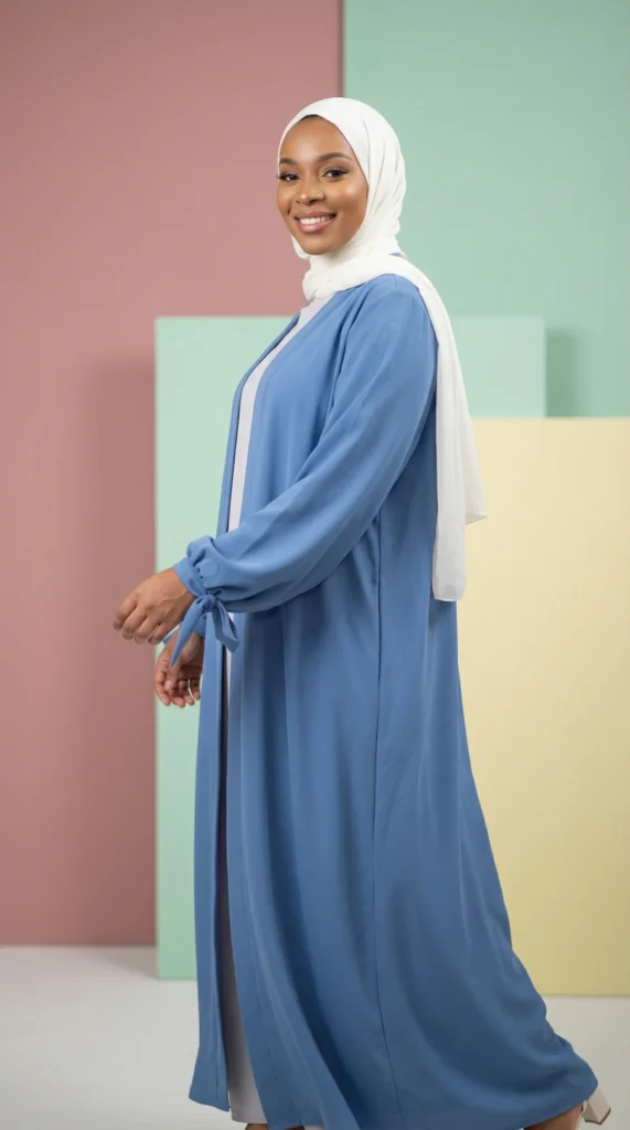 kimono abaya en soie de Médine Bleu Denim - Minimal Photo - Model Style: Hijabi