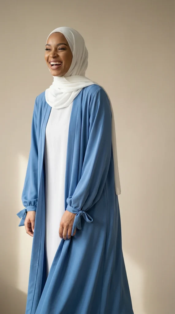 Denim Blue Medina silk kimono abaya - Photo Studio - Model Style: Hijabi