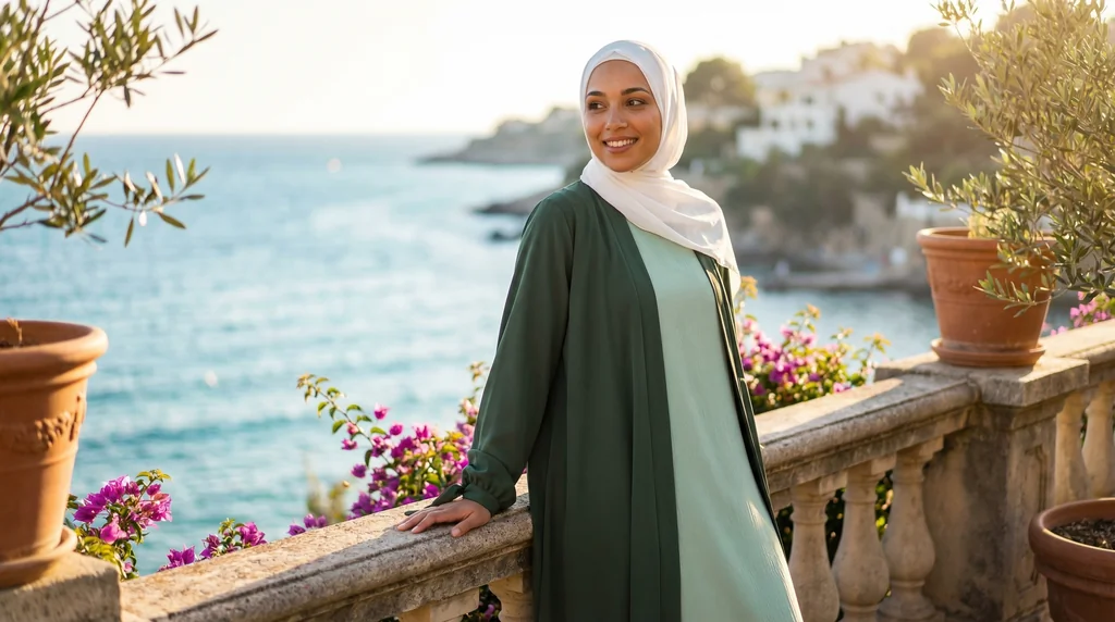 kimono abaya en soie de Médine Kaki 1 kimono abaya en soie de Médine Kaki - Lifestyle Photo - Model Style: Hijabi