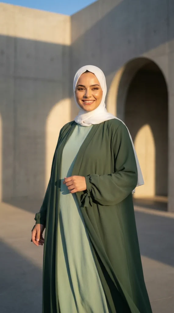 Khaki Medina silk kimono abaya - Minimal Photo - Model Style: Hijabi