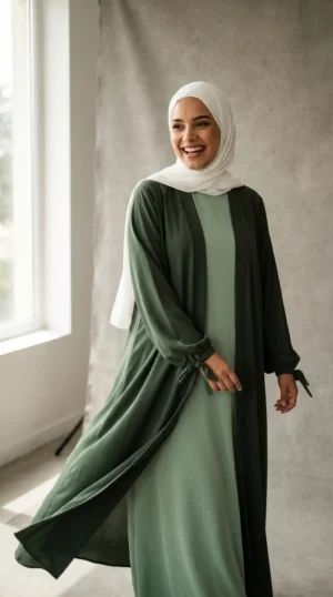 kimono abaya en soie de Médine Kaki - Studio Photo - Model Style: Hijabi