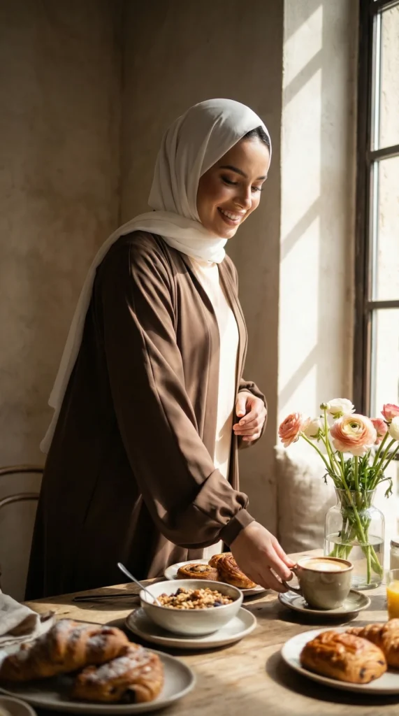 Brown Medina silk kimono abaya - Lifestyle Photo - Model Style: Hijabi