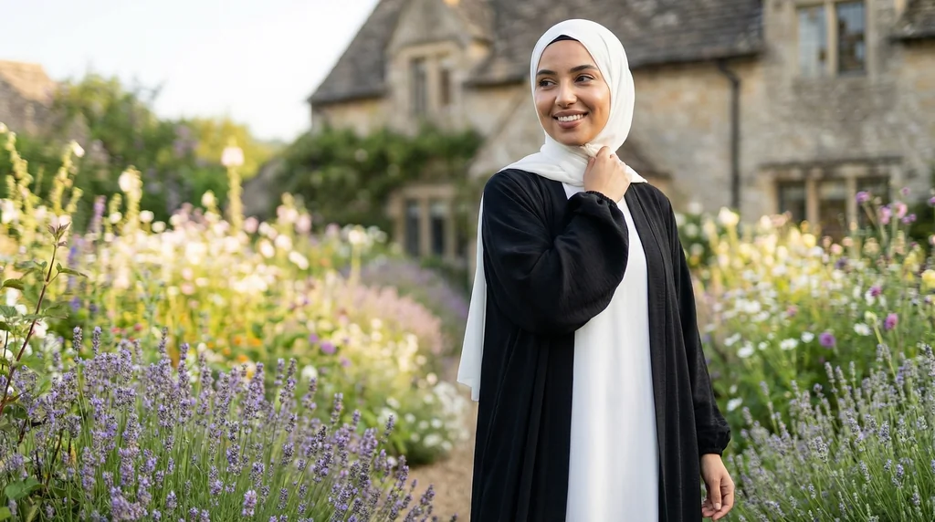 kimono abaya en soie de Médine Noir - Garden Photo - Model Style: Hijabi
