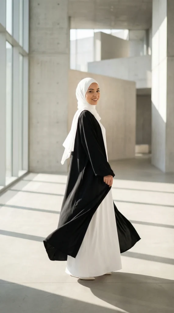 Black Medina silk kimono abaya - Minimal Photo - Model Style: Hijabi