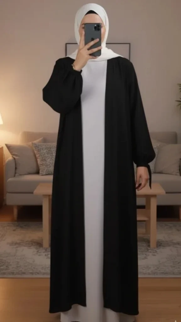 kimono abaya en soie de Médine Noir – view 1