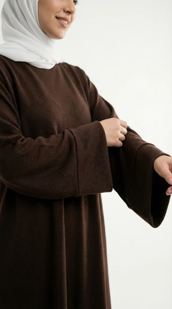 Dark Brown Women's Long Jumper Dress - Studio Photo - Model Style: Hijabi