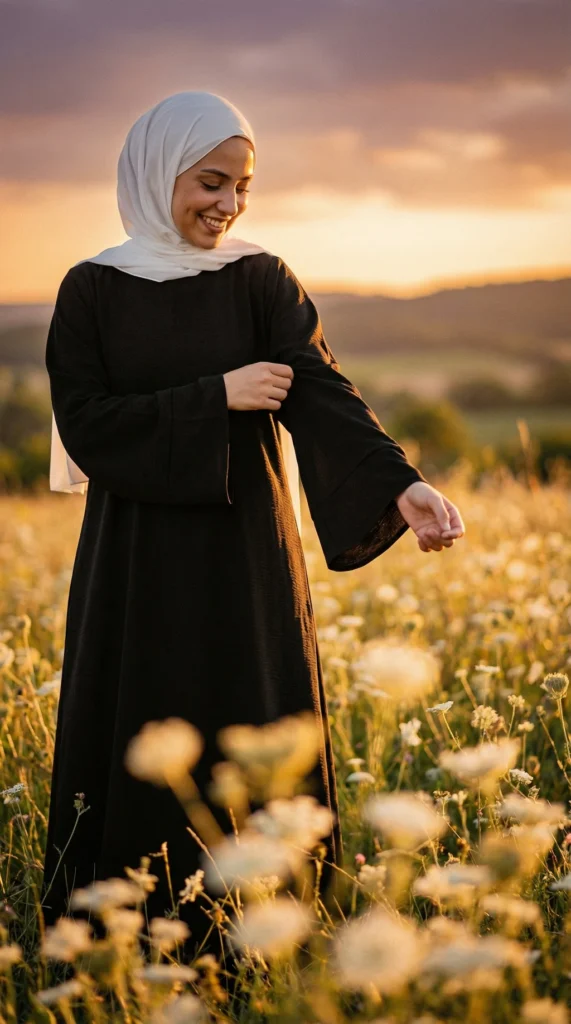 Women's Long Black Jumper Dress - Garden Photo - Model Style: Hijabi