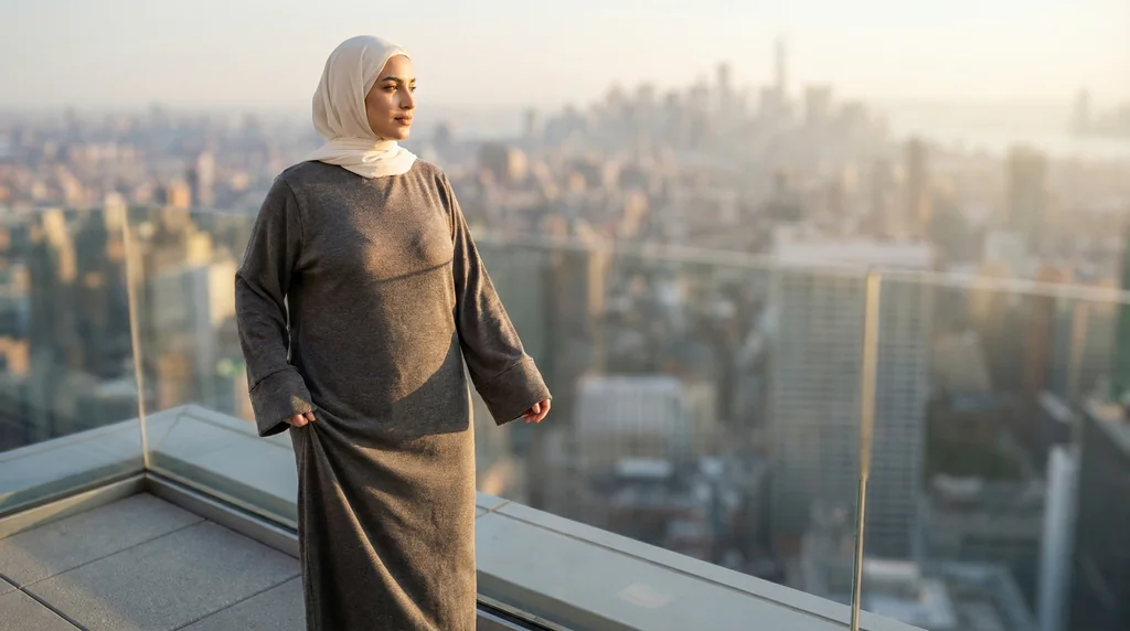 Robe pull longue femme Taupe 1 Robe pull longue femme Taupe - Lifestyle Photo - Model Style: Hijabi