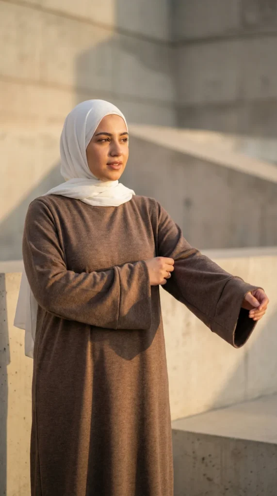 Taupe Women's Long Jumper Dress - Minimal Photo - Model Style: Hijabi