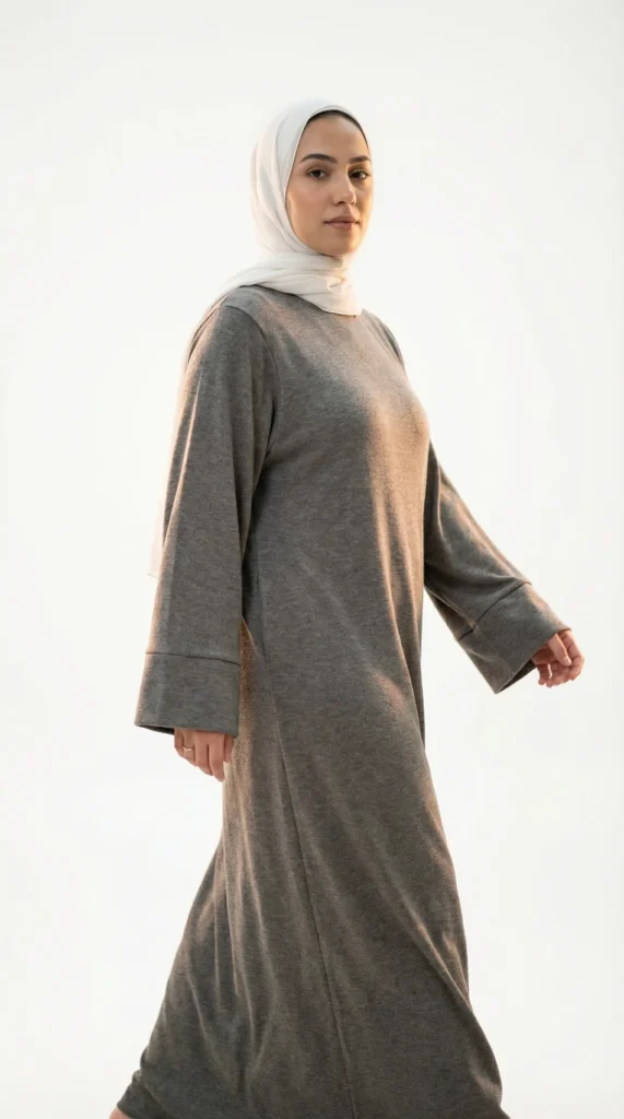 Taupe Women's Long Jumper Dress - Studio Photo - Model Style: Hijabi