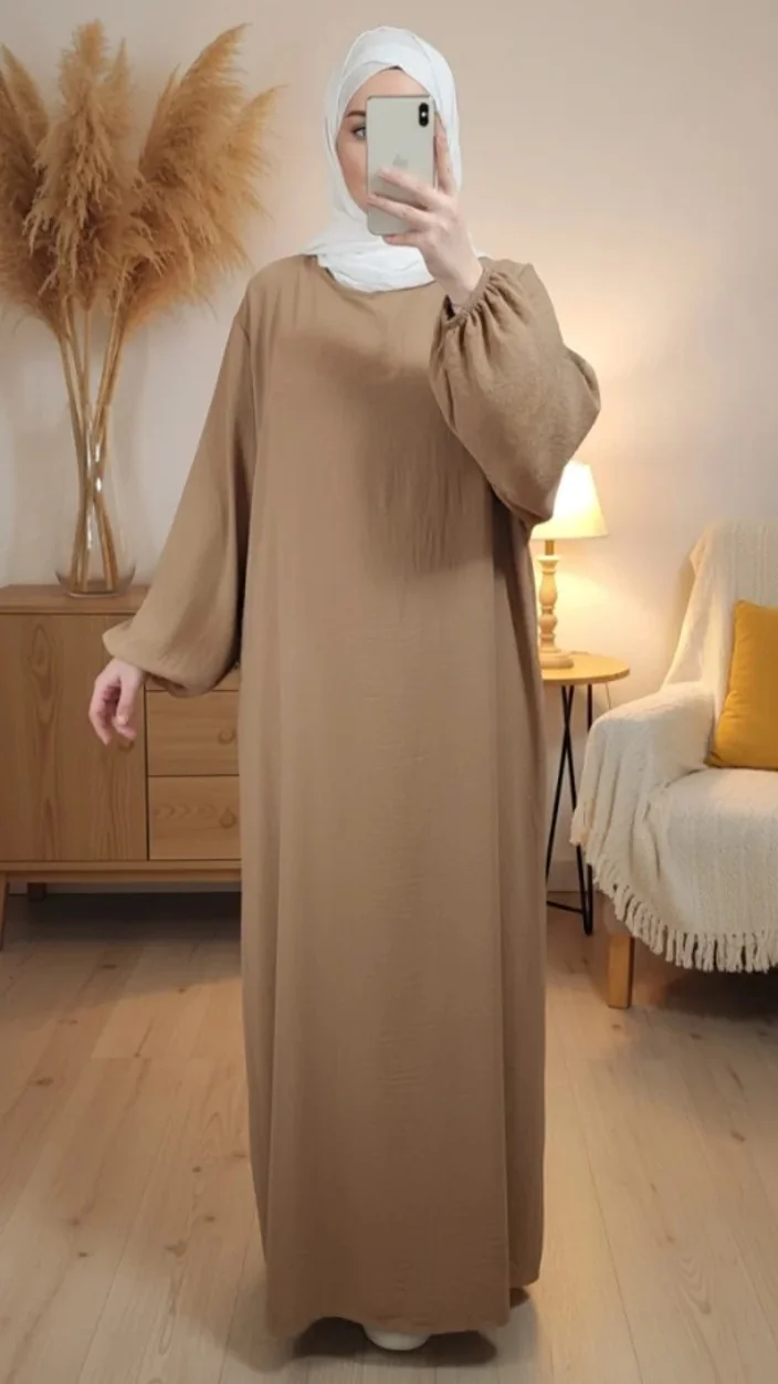 Abaya-Camel-Simple-Longue-avec-Manches-Elastique916s Abaya Camel Simple Longue avec Manches Élastiques