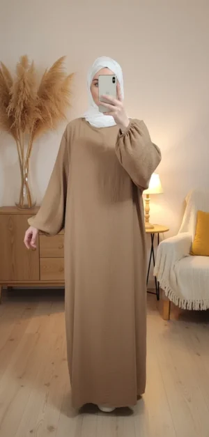 Abaya Camel Simple Longue avec Manches Élastiques