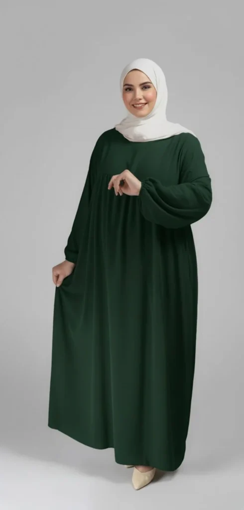 Ausgestellte Abaya aus Medina-Seide in Tannengrün – Ansicht 2