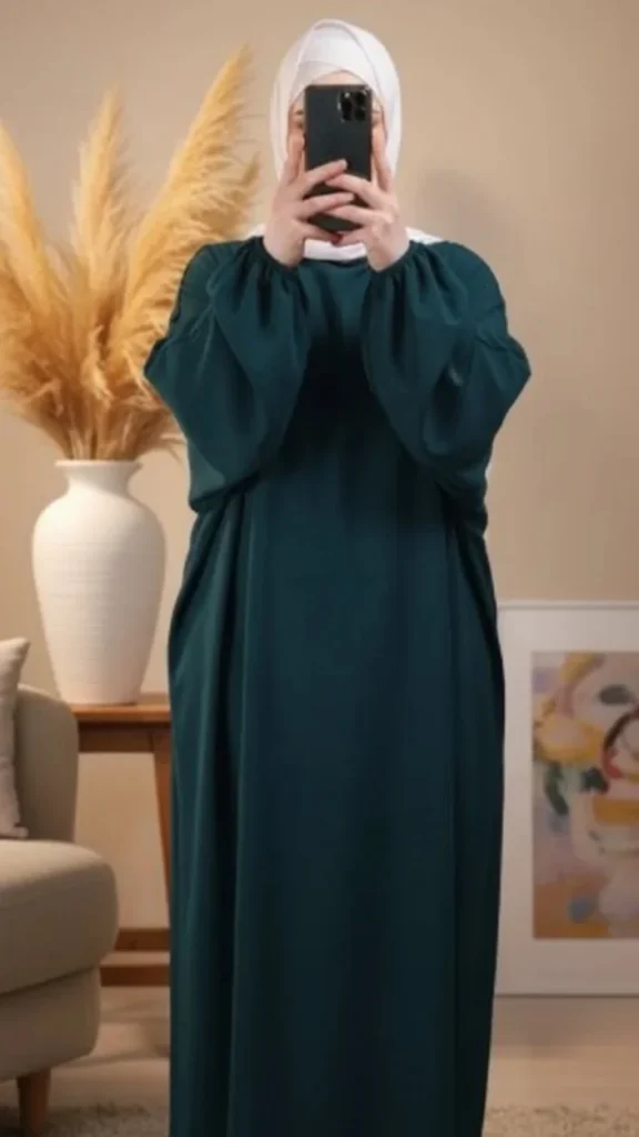 Abaya Vert Canard Simple Longue et Ample avec Manches Élastiques – view 1