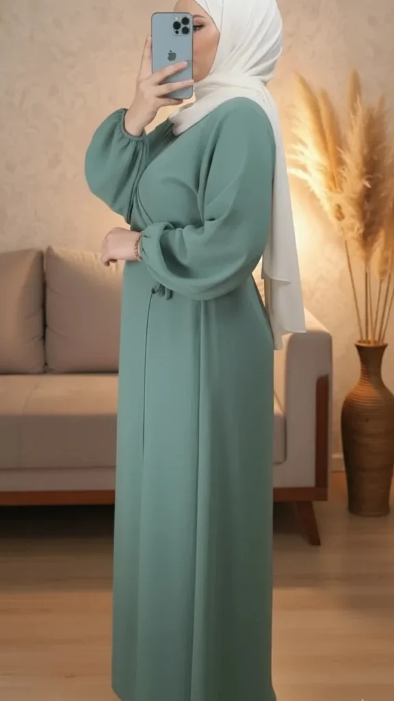 Side light green crossover Abaya dress with puff sleeves and bow
