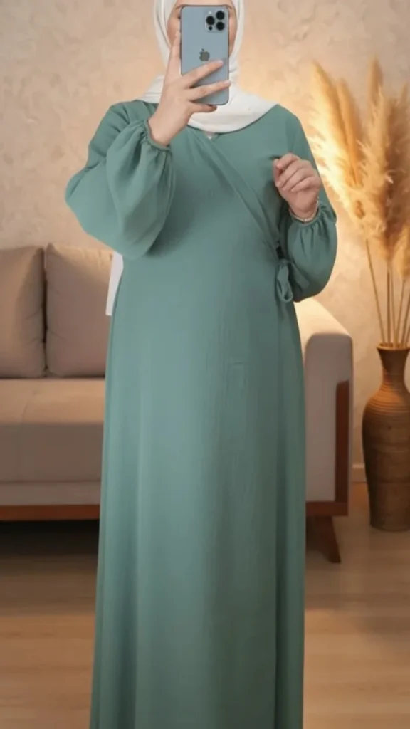 Robe Abaya Croisée Manches Bouffantes avec noeud Vert d'eau