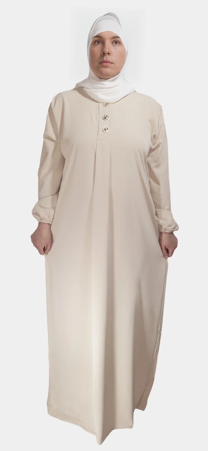 Abaya Femme 12 Abaya Longue boutonnée en soie de médine Beige