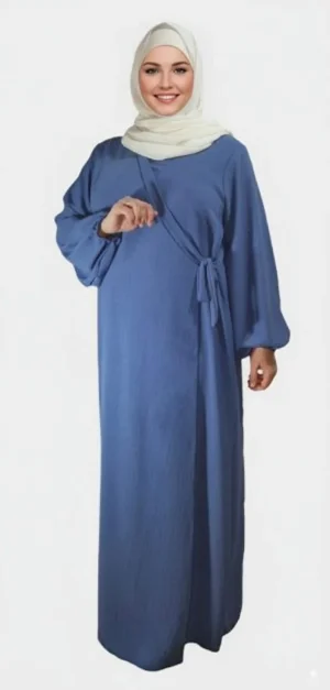 Robe Abaya Croisé Manches Bouffantes avec noeud Denim