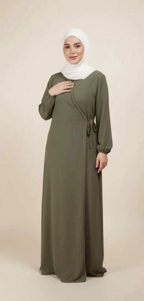 Robe Abaya Croisée Manches Bouffantes avec noeud Kaki – vue 1