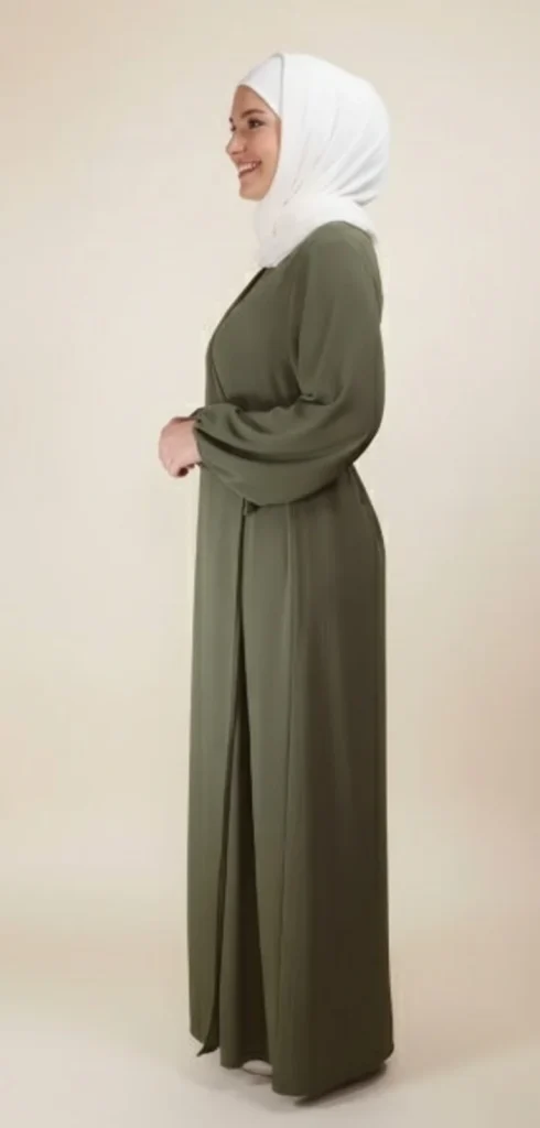 Robe Abaya Croisée Manches Bouffantes avec noeud Kaki – vue 2