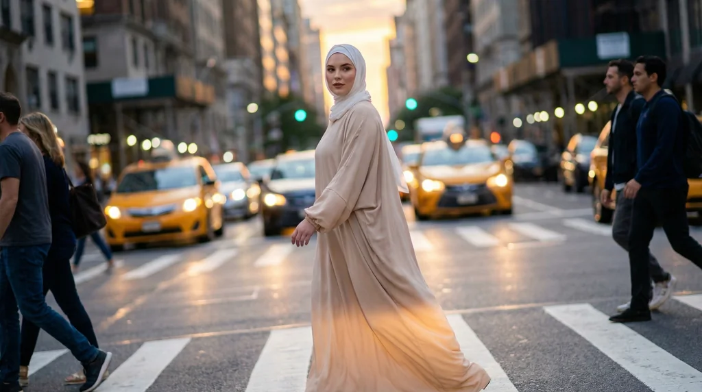 Abaya Beige Simple Longue et Ample avec Manches Élastiques 1 Abaya Beige Simple Longue et Ample avec Manches Élastiques - Street Photo - Model Style: Hijabi