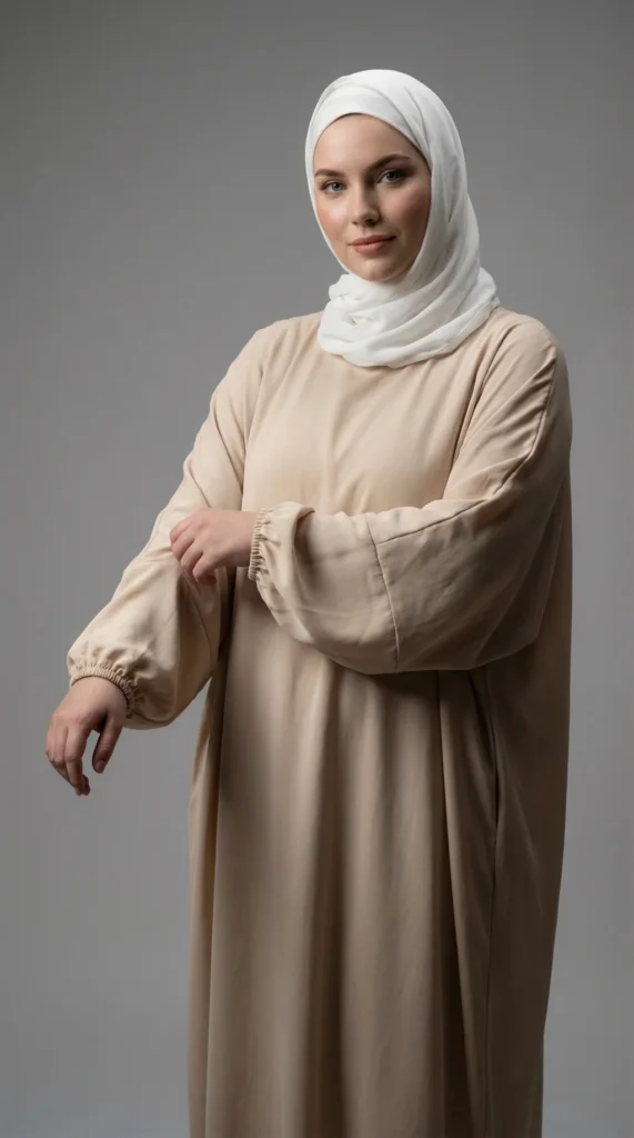 Beige Simple Long and Loose Abaya with Elastic Sleeves - Studio Photo - Model Style: Hijabi