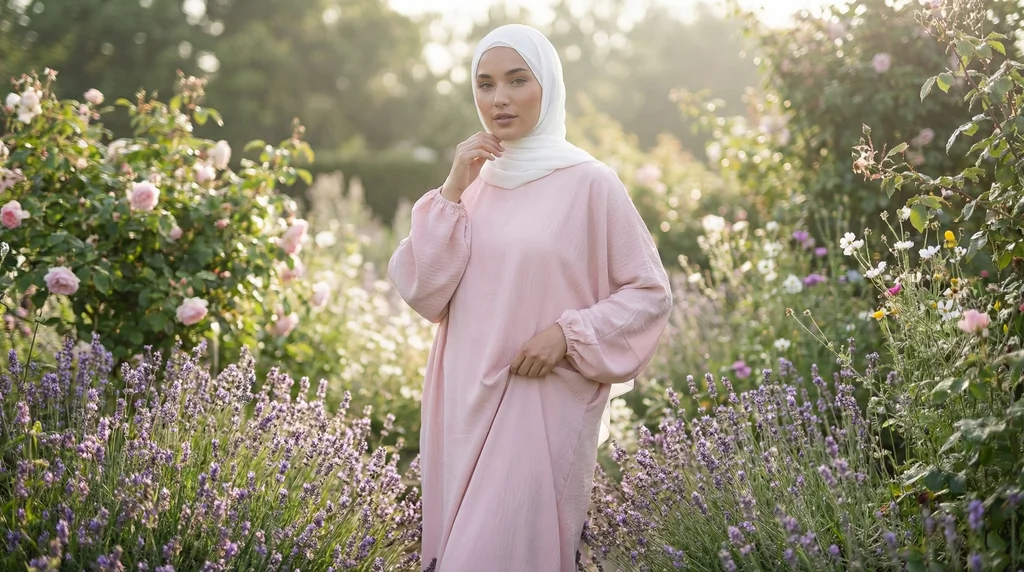 Abaya Blush Simple Longue et Ample avec Manches Élastiques - Garden Photo - Model Style: Hijabi