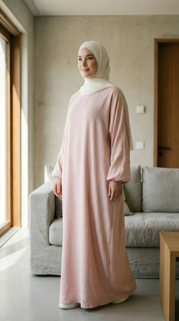Blush Simple Long and Loose Abaya with Elastic Sleeves - Minimal Photo - Model Style: Hijabi