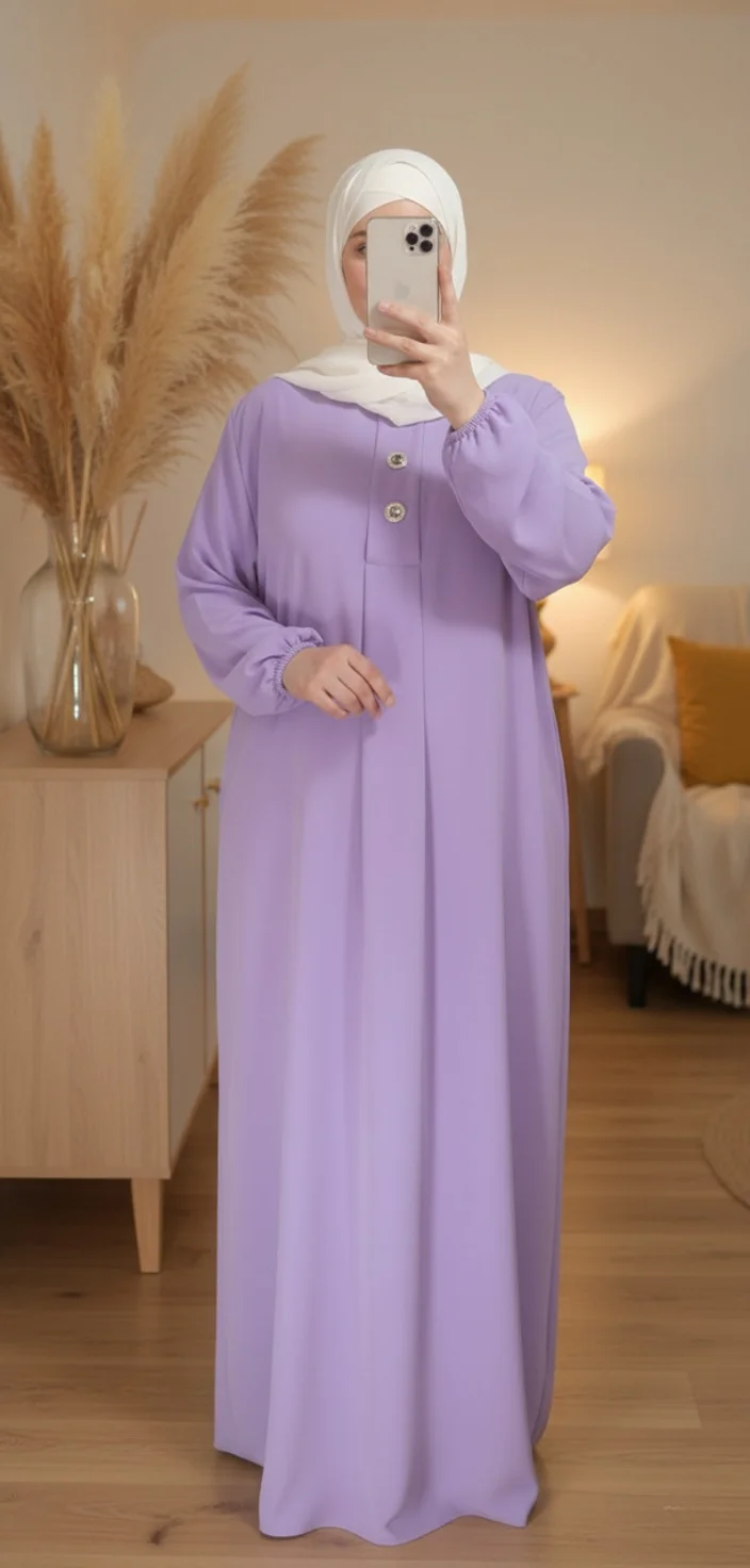 Abaya Longue boutonnée en soie de médine Lilas