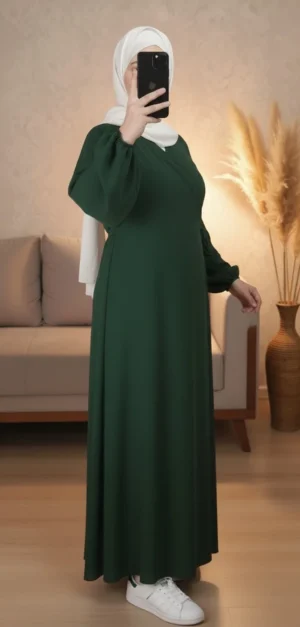 Robe Abaya Croisée Manches Bouffantes avec noeud Vert Sapin