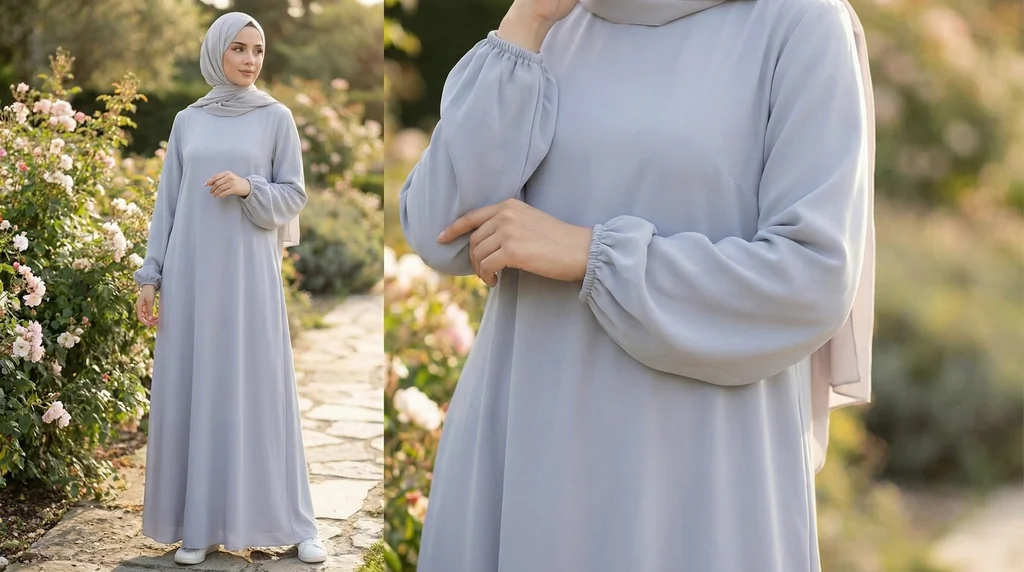 Abaya Grise Simple Longue et Ample avec Manches Élastiques - Lifestyle Photo - Model Style: Hijabi