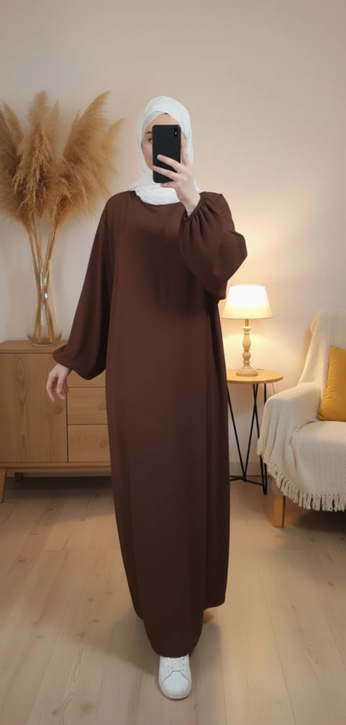 Abaya Marron Simple Longue et Ample avec Manches Élastiques