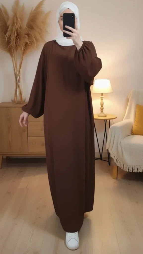 Simple long and loose brown Abaya with elasticated sleeves