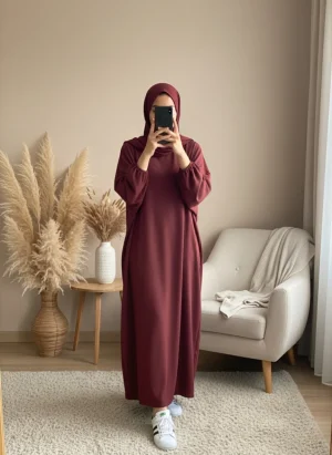 Abaya Terracotta Simple Longue et Ample avec Manches Élastiques