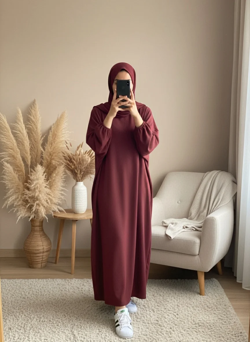 Abaya Terracotta Simple Longue et Ample avec Manches Élastiques