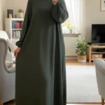 Abaya Kaki Simple Longue et Ample avec Manches Élastiques