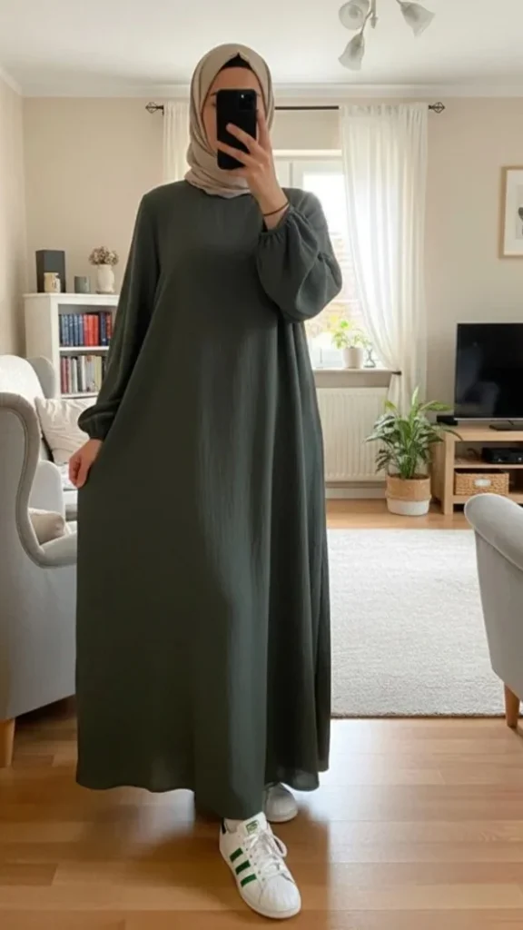 Abaya Kaki Simple Longue et Ample avec Manches Élastiques