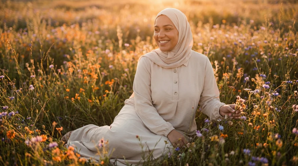 Abaya Longue boutonnée en soie de médine Beige 1 Abaya Longue boutonnée en soie de médine Beige - Garden Photo - Model Style: Hijabi