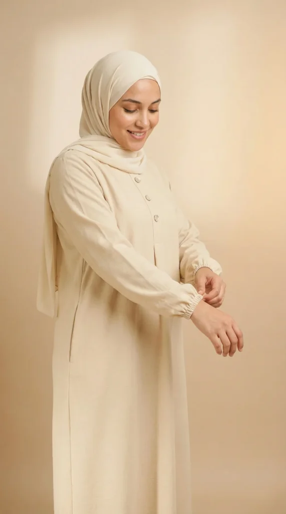 Abaya larga abotonada de seda de Medina beige