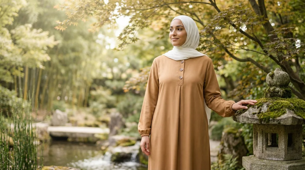 Abaya Longue boutonnée en soie de médine Camel 1 Abaya Longue boutonnée en soie de médine Camel - Garden Photo - Model Style: Hijabi