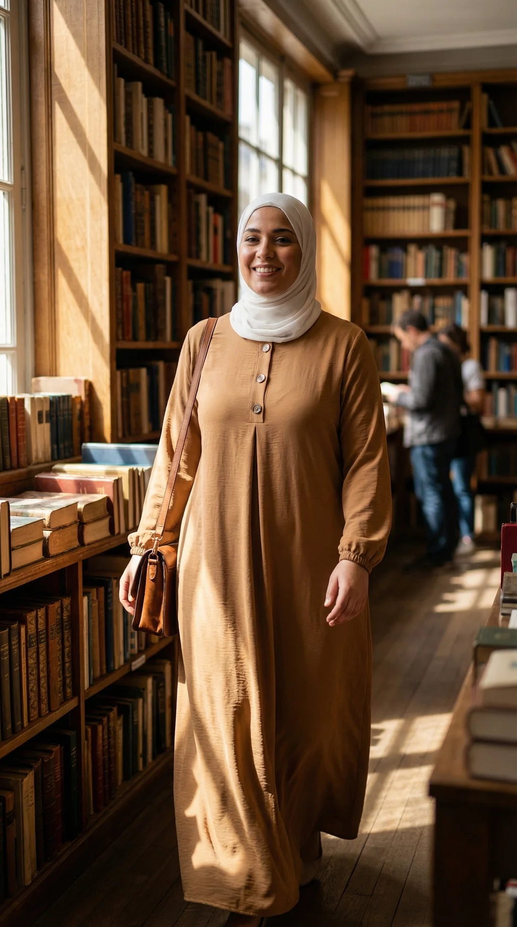 Abaya Longue boutonnée en soie de médine Camel - Lifestyle Style Abaya Longue boutonnée en soie de médine Camel - Lifestyle Photo - Model Style: Hijabi