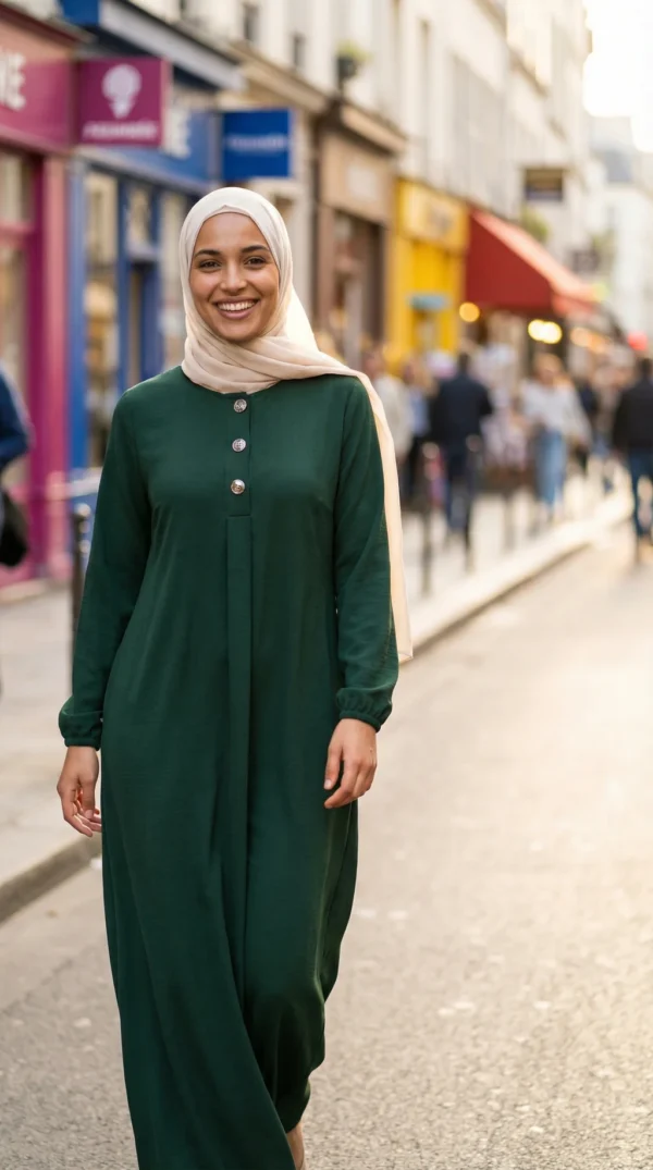 Khaki Medina silk button-down long Abaya - Street Photo - Model Style: Hijabi
