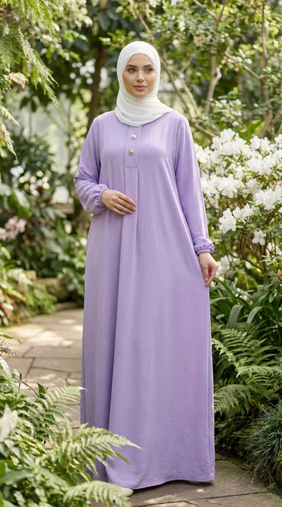 Abaya Longue boutonnée en soie de médine Lilas – vue 1
