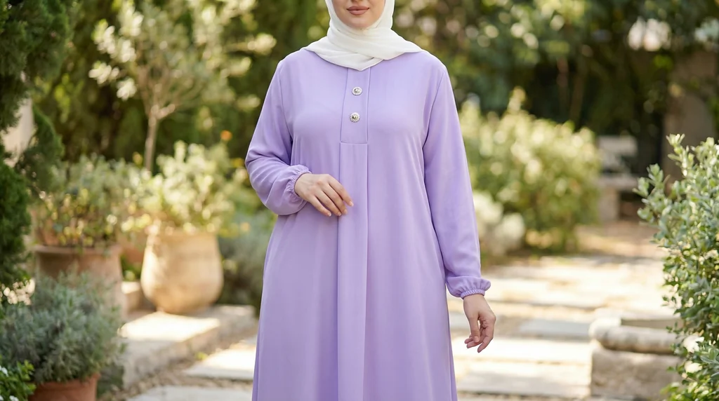 Abaya Longue boutonnée en soie de médine Lilas - Lifestyle Photo - Model Style: Hijabi